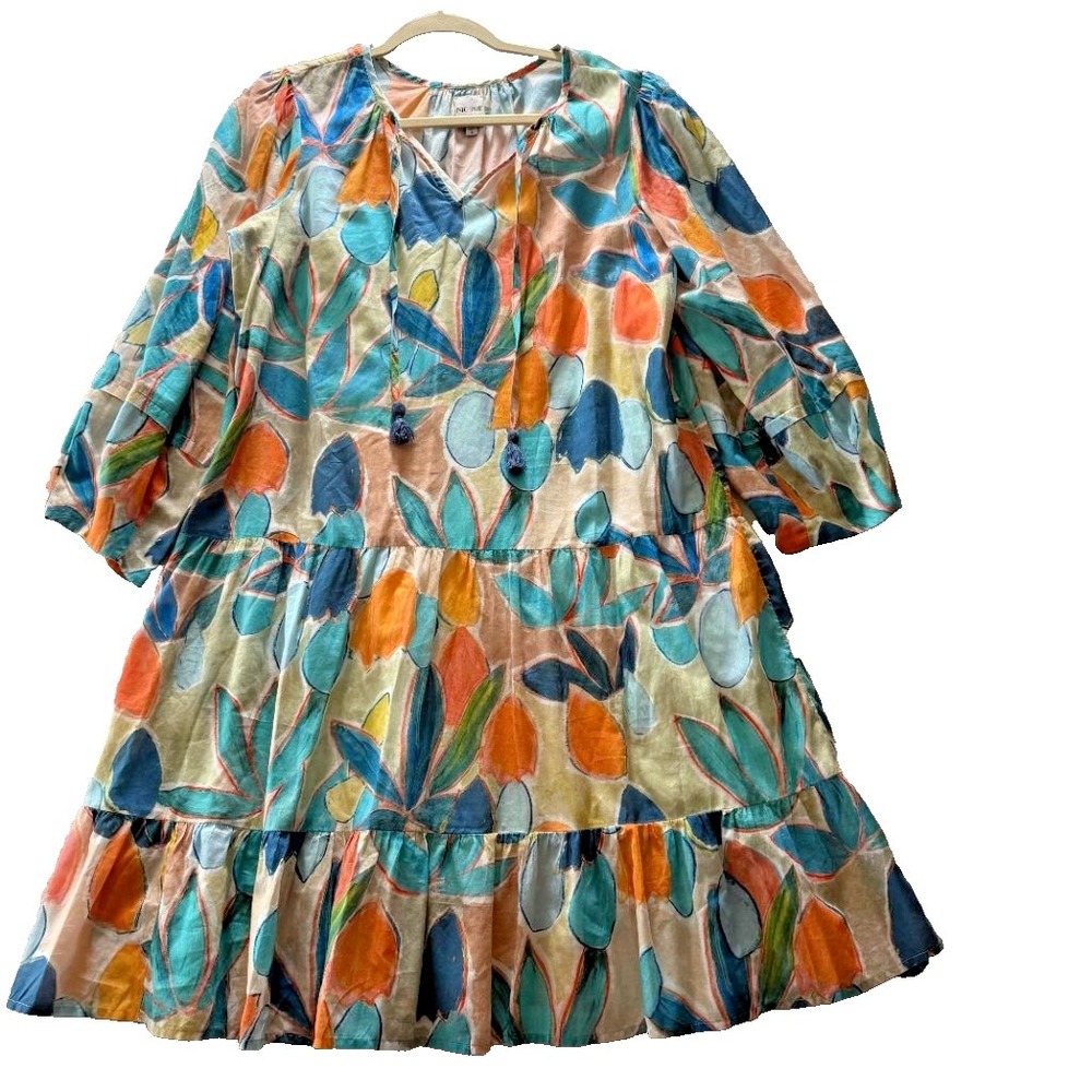NIC+ZOE Cotton Tiered Boho Dress Womens S Floral Watercolor Tassel Tie Lined